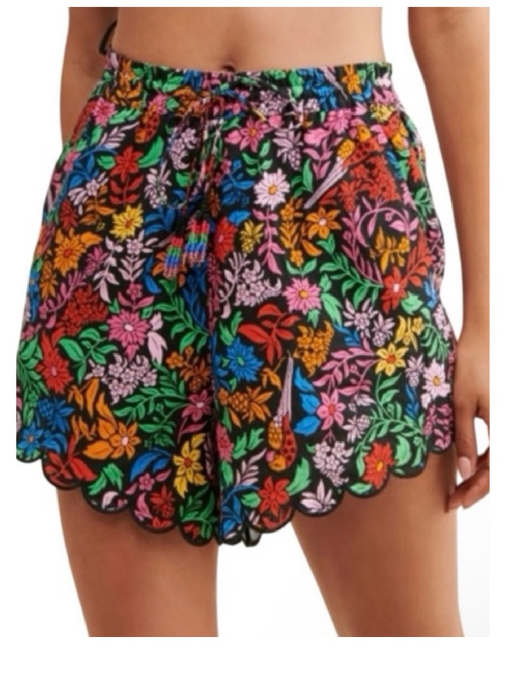FARM Rio Tropical Garden Black Floral Scallop-Hem Drawstring Shorts